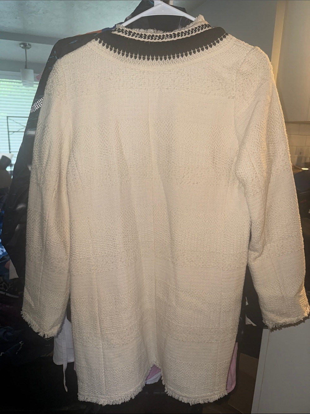 Chico's Cream Open-Front Fringe Trim Cardigan with Black Stripe - Picture 3 of 3